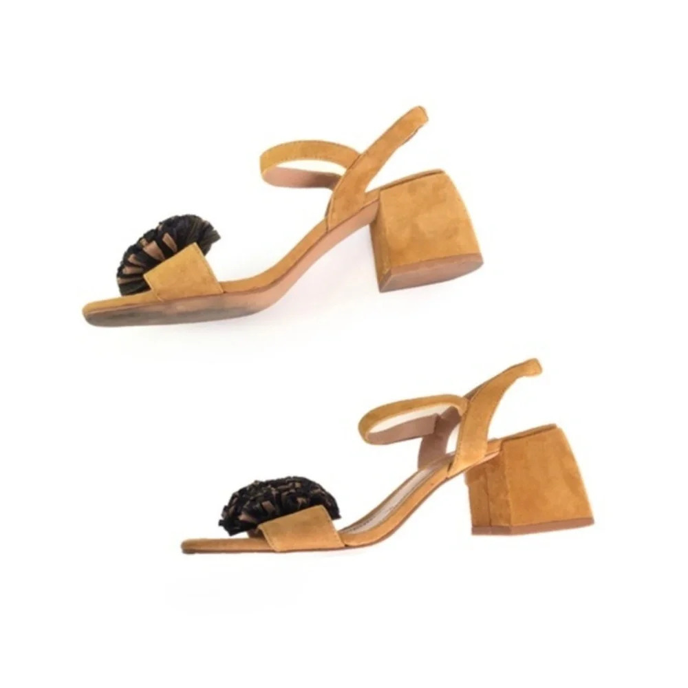 Zara Tan Suede Raffia Pom Pom Strappy Sandals 38 - Picture 7 of 13
